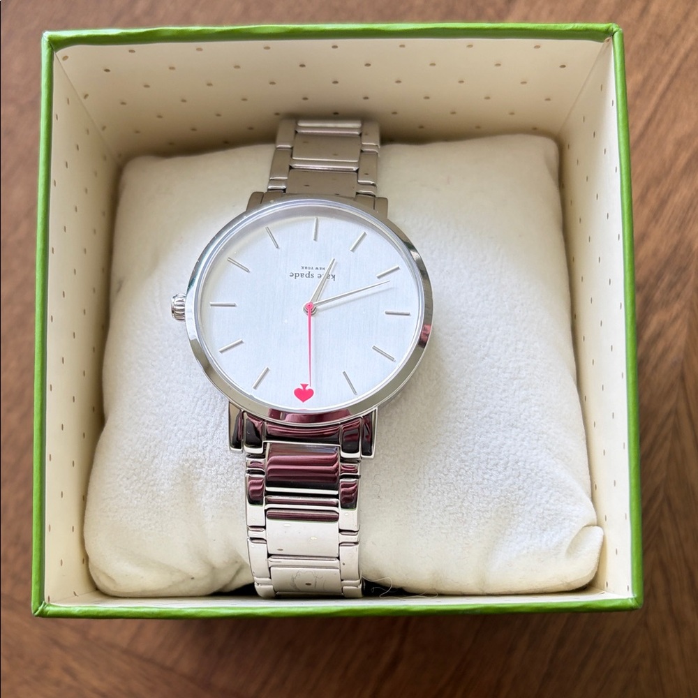 kate spade silver stainless steel watch with pink accents